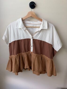Pilcro Colorblock Ruffle Hem Polo Top - White, Brown & Tan